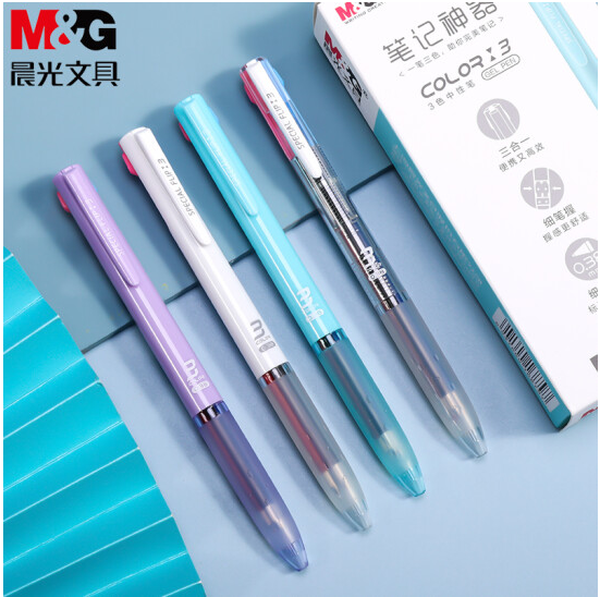 晨光T3402  0.38mm三色中性筆做筆記用抄寫筆記神器水筆 多色筆合一多功能筆一筆多色紅藍(lán)黑筆三色按動中性筆
